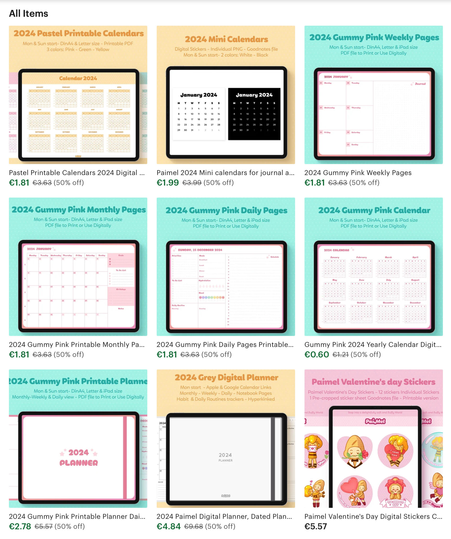 Screenshot of different Paimel Digital Products on 50%o ff sale